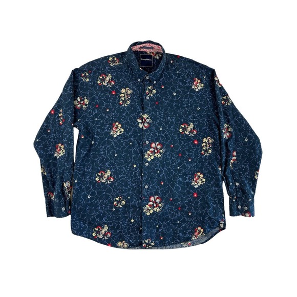 Tommy Bahama Men Blue Button Down Long Sleeve Shirt Sz‎ L Floral Hawaiian - Picture 1 of 6
